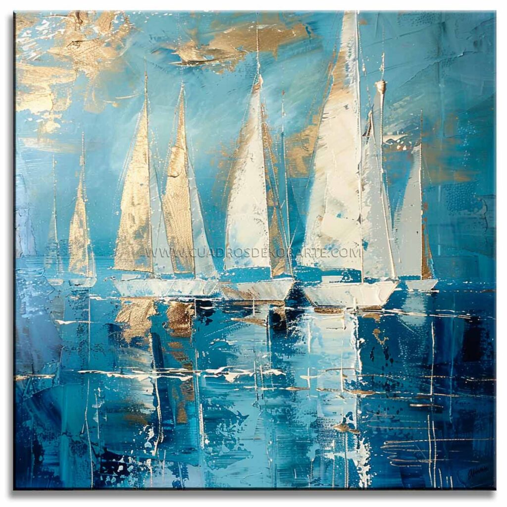 Pinturas de veleros estilo moderno representa un grupo de veleros blancos navegando en colores azul, blanco y dorado pintado a mano en medida de 100x100cm.