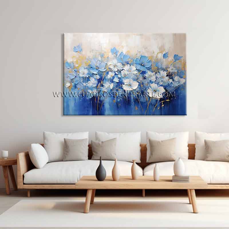 cuadros decorativos modernos para sala flores azules pintado a mano en medida de 120x80cm.