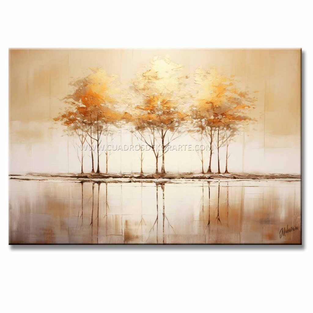 tonos armoniosos en cuadros Cuadro tres arboles estilo moderno pintado con pincel y espátula con relieve táctil en colores ocre, sepia, blanco y dorado medida de 120x80cm.