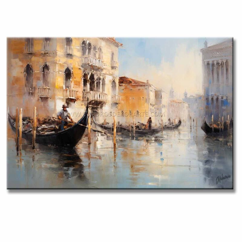 Pintura de Venecia elaborado con pincel y espátula en colores azul, blanco y ocre cuenta con relieve táctil en medida de 120x80cm.