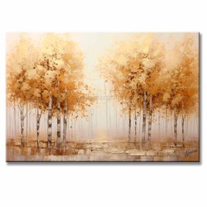 Pintura de Otoño representa un grupo de árboles otoñales en ocre, anaranjado, café y negro, con detalles dorados sobre fondo gris y blanco, pintado a mano en acrílico.