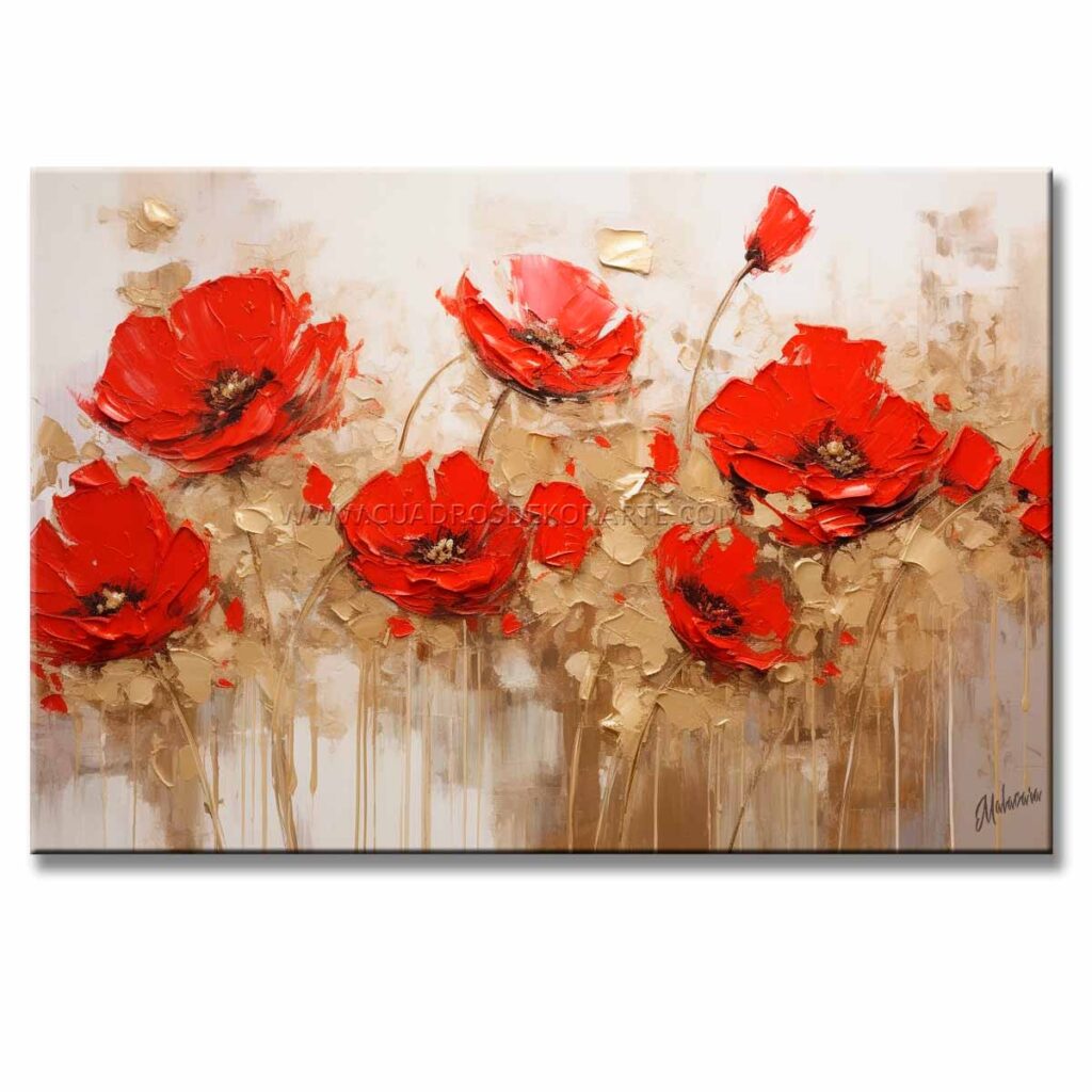 decoracion de salas modernas Cuadro Flores Rojas Cuadro Moderno Para Sala o Comedor este cuadro representan un grupo de flores con hojas en dorado en tamaño de 120x80cm.