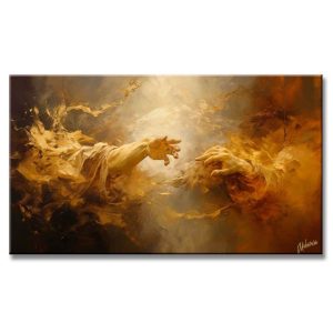Pintura La Creación pintado a mano en acrílico, inspirado en a obra de Miguel Angel representa la mano de Dios y Adán dándole vida, con tonos ocres y terrosos sobre fondo gris y negro, de 140 x 80 cm.