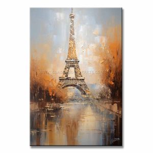 Cuadro Torre Eiffel pintado a mano en acrílico, con la torre sobre un cielo azul, gris y beige, árboles en tonos ocre y anaranjado y relieve táctil, de 120 x 80 cm, ideal para decorar escaleras.
