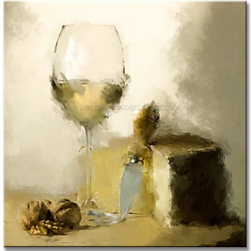 técnicas y estilos Bodegón impresionista Cuadros Para Comedor o cocina representa una imagen con queso, vino y nueces en colores Ocre, Gris y Blanco en tamaño de 100x100cm.