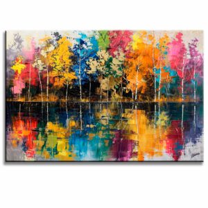 cuadros modernos arboleda de colores representa un grupo de arboles en colores alegres pintado a mano en medida de 120x80cm.