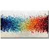 Cuadro de colores abstracto de 140x80 cm pintado a mano en acrílico con gran relieve de espátula. Muestra una conjunción de colores azul, verde, amarillo, naranja y rojo sobre un fondo blanco y gris texturizado, ideal para sala.