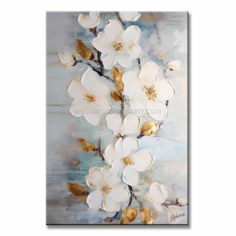 Cuadro de flores blancas pintado a mano con pincel y espátula en colores azul, blanco, gris y detalles en dorado cuenta con relieve tactil medida de 120x80cm.