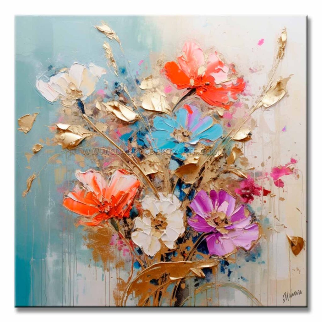 decoracion de interiores Cuadros de Flores de Colores Moderno Para Sala o Recibidor representa un racimo de flores con fondo azul y blanco cuenta con relieve táctil en tamaño de 100x100cm.