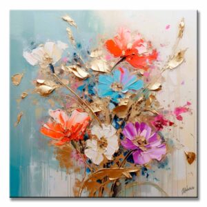 Cuadros de Flores de Colores Moderno Para Sala o Recibidor representa un racimo de flores con fondo azul y blanco cuenta con relieve táctil en tamaño de 100x100cm.