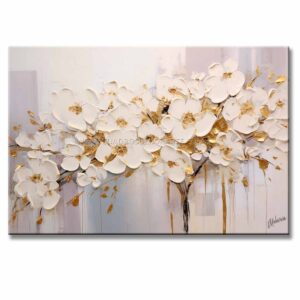 Cuadro Ramo de Flores Cuadro Moderno para Sala o Estancia representa un ramo de flores blancas y dorado en un fondo azul y gris en tamaño de 120x80cm.