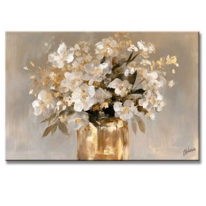 Cuadros de floreros con flores silvestres blancas en tonos gris, ocre y dorado pintado a mano en medida de 120x80cm.