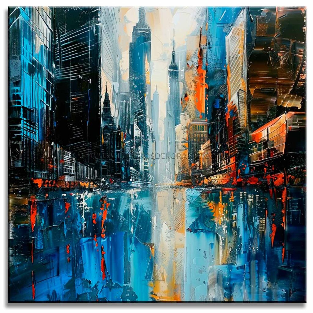 Pinturas de ciudad abstracta estilo moderno representa una ciudad con edificios en colores azul, negro, blanco y ocre pintado a mano en medida de 100x100cm.