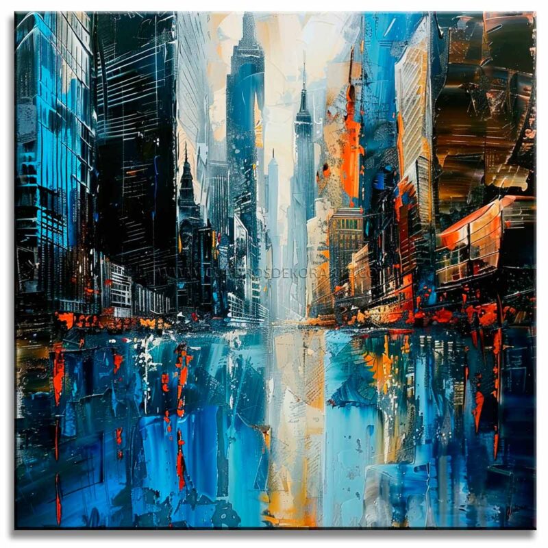 Pinturas de ciudad abstracta estilo moderno representa una ciudad con edificios en colores azul, negro, blanco y ocre pintado a mano en medida de 100x100cm.