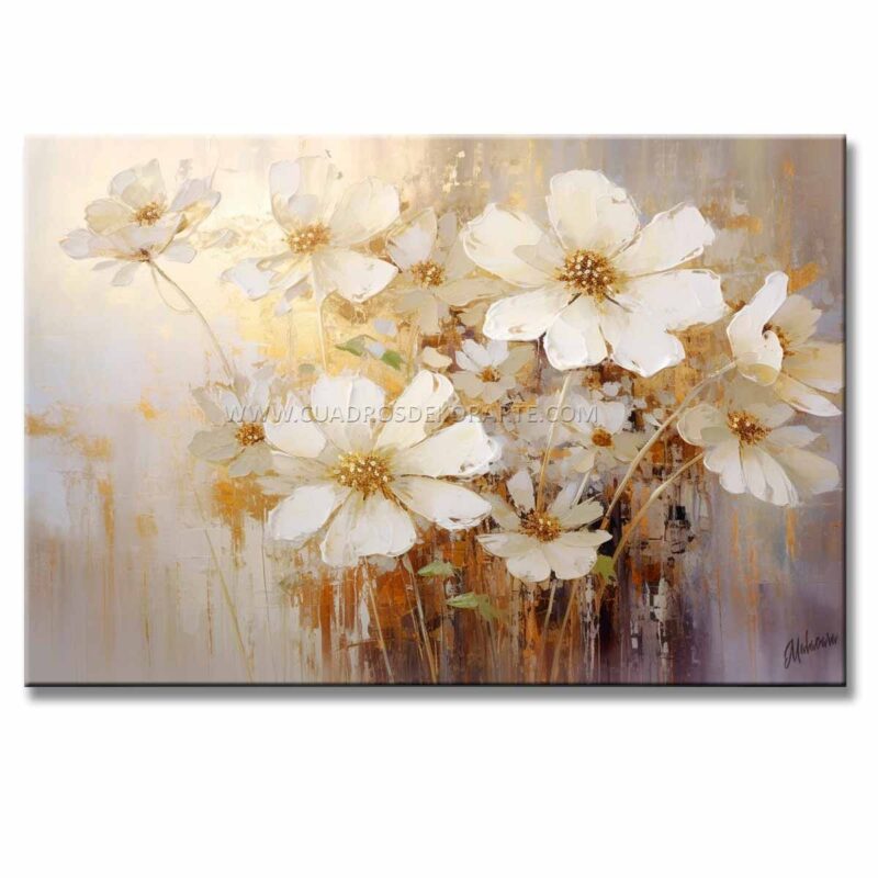 Cuadros de Margaritas estilo Moderno para Sala o Estancia representa una conjunto de margaritas en colores lila, dorado y blanco medida 120x80cm.