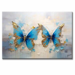 Pintura de mariposas azules elaborado con pincel y espátula en colores azul, blanco y dorado, cuenta con relieve táctil en medida de 120x80cm.