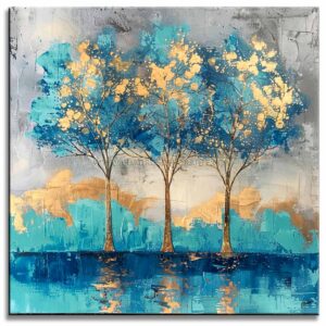 cuadros decorativos árboles acua representa 3 árboles en colores azul, acua gris y dorado pintado a mano en medida de 100x100cm.