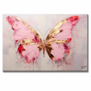 Cuadro de mariposa rosa pintado con pincel y espátula en colores rosa, gris y dorado, cuenta con relieve táctil en medida de 120x80cm.