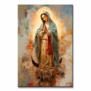 Cuadro de la Virgen de Guadalupe vertical moderno pintado a mano en acrílico, tamaño 120x80 cm. Fondo abstracto en tonos azul, blanco y ocre con una silueta moderna de la Virgen en colores turquesa, ocre y blanco, ideal para decorar salas.