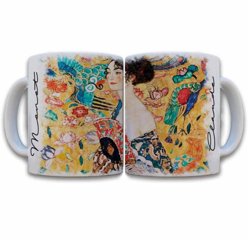 Tazas decoradas Gustav Klimt mujer con abanico taza de 11 oz. impresos en sublimación.