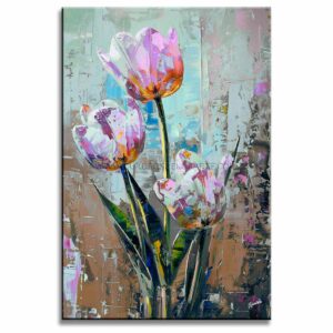 Pinturas de tulipanes estilo moderno representa 3 tulipanes en colores lila, morado, azul y ocre pintado a mano en medida de 120x80cm.