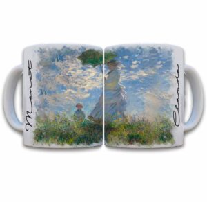 Tazas decoradas Claude Monet mujer con sombrilla taza de 11 oz. impresos en sublimación.