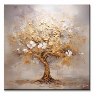 Cuadro arbol de la abundancia cuadrado moderno de 100x100 cm pintado a mano en acrílico muestra un fondo en tonos gris y malva con un árbol central en colores dorado y negro, adornado con flores blancas texturizadas en relieve táctil, colgado en la pared de una sala contemporánea.