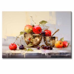 Bodegón de Frutas Para Cocina o Comedor representa un conjunto jarrones, manzanas y cerezas en color gris, beige y azul pintado a mano medida 120x80cm.