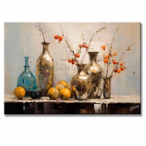 Bodegón de Frutas y Jarrones Para Cocina o Comedor representa un conjunto jarrones y frutas en color gris, beige y azul pintado a mano medida 120x80cm.