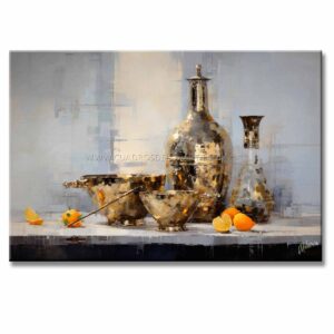 Bodegón de Jarrones Para Cocina o Comedor representa un conjunto jarrones sobre una mesa en color gris, beige y azul pintado a mano medida 120x80cm.