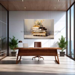 bodegón de libros para oficina pintado a mano en medida de 120x80cm.