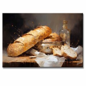 Bodegón de Pan Para Cocina o Comedor representa un grupo de panes sobre una mesa en color gris, ocre y negro pintado a mano medida 120x80cm.