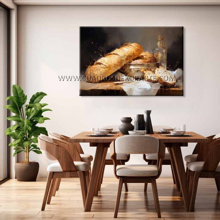 bodegon de pan bodegón de panes para comedor pintado a mano con pincel y espátula en medida de 120x80cm.