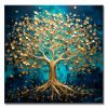 Imagen de un cuadro árbol de la vida moderno de 100x100 cm pintado a mano en acrílico con hojas y ramas en tonos ocre y dorado brillante, sobre un fondo abstracto en colores negro, azul oscuro y turquesa.