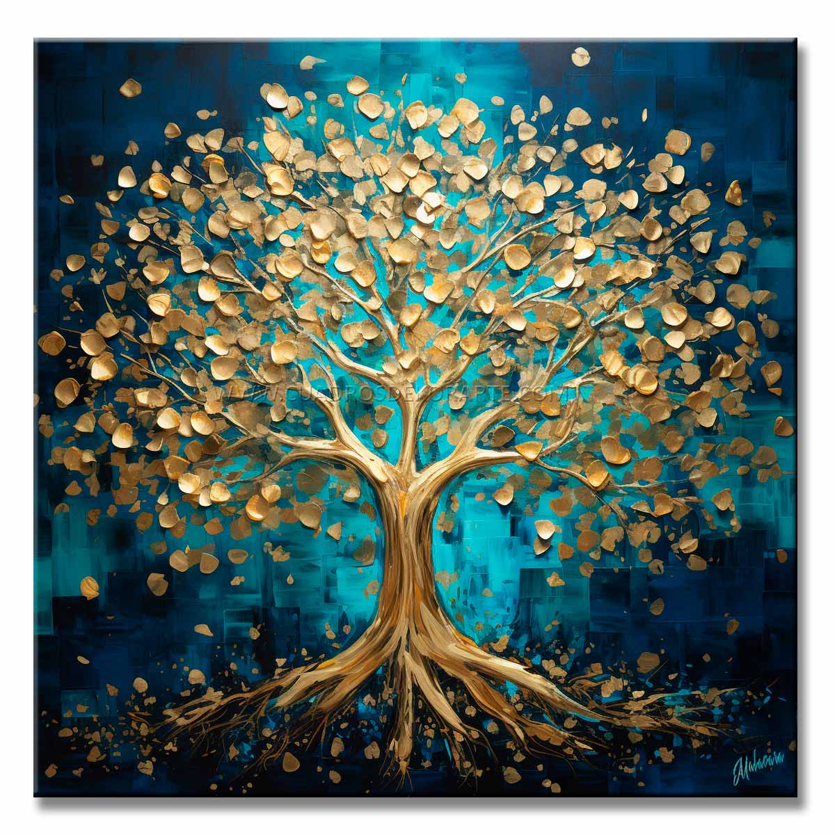 Imagen de un cuadro árbol de la vida moderno de 100x100 cm pintado a mano en acrílico con hojas y ramas en tonos ocre y dorado brillante, sobre un fondo abstracto en colores negro, azul oscuro y turquesa.