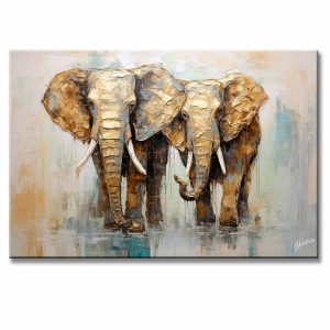 Cuadro de elefantes rectangular moderno de 120x80 cm pintado a mano. El fondo mezcla tonos gris y azul, destacando en el centro una pareja de elefantes estilizados en colores beige, ocre y negro con relieve táctil texturizado, colgado en una sala elegante.