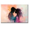 Cuadro de parejas representa la silueta de una pareja enamorada en negro, azul y magenta sobre fondo blanco, rosa y anaranjado, pintado a mano en acrílico para decorar recámaras.