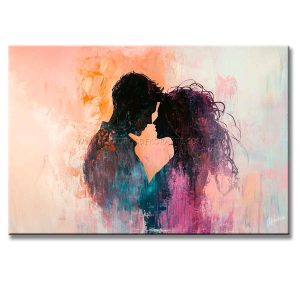 Cuadro de parejas representa la silueta de una pareja enamorada en negro, azul y magenta sobre fondo blanco, rosa y anaranjado, pintado a mano en acrílico para decorar recámaras.