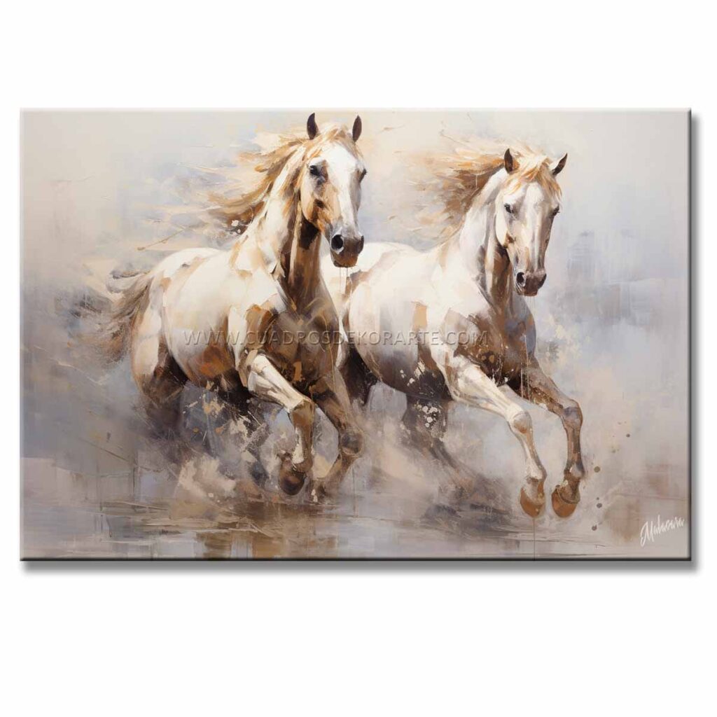 Cuadros de caballos modernos para sala pintado con pincel y espatula en medida de 120x80cm. en colores blanco, ocre, gris y azul