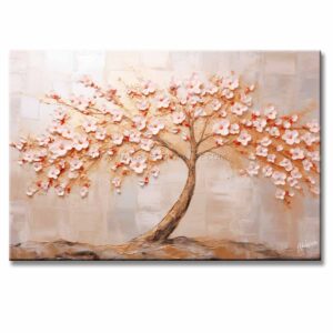 Cuadros de Cerezos Moderno Para Sala Comedor representa un árbol de cerezo en colores dorado y rosa pintado a mano en medida de 120x80cm.