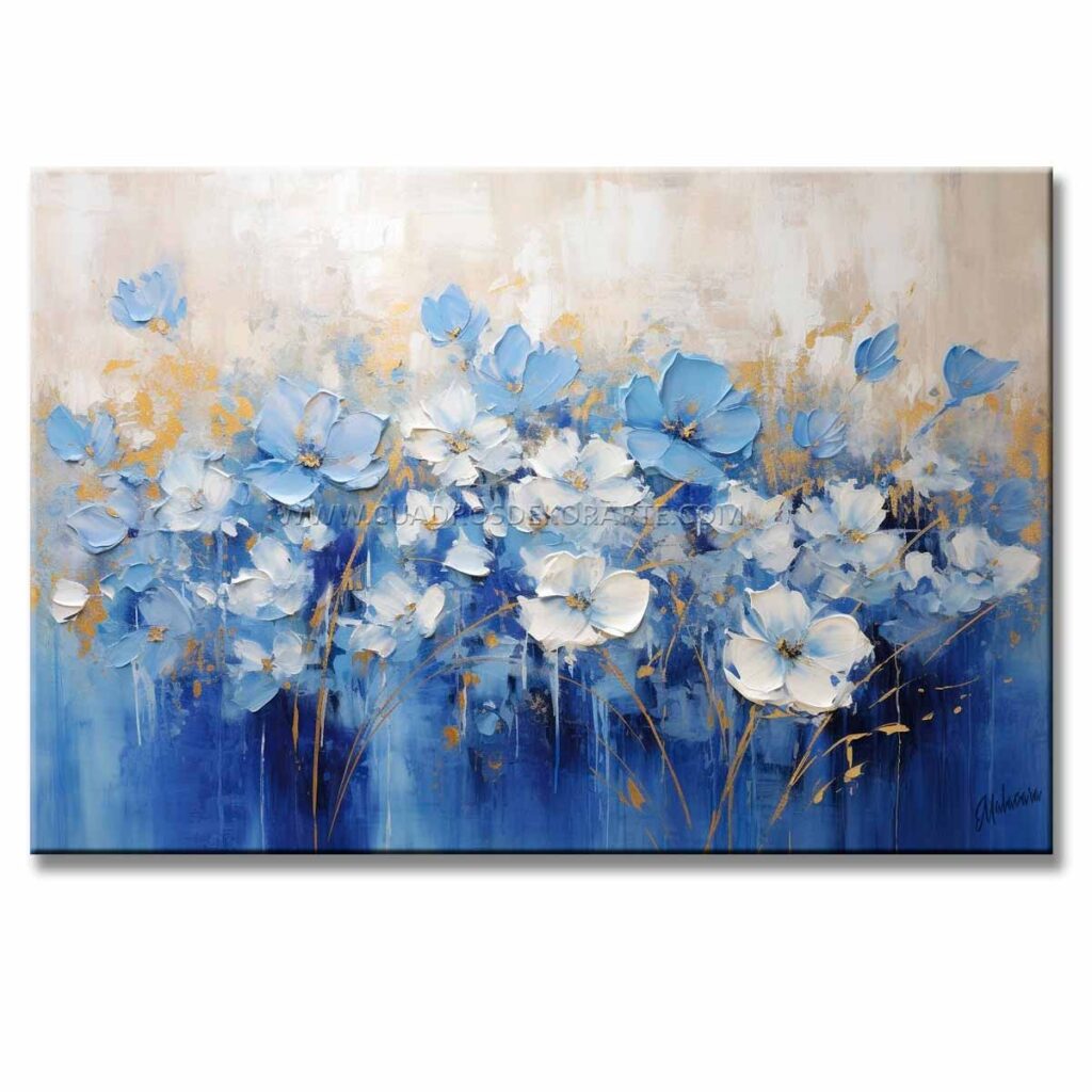 Cuadros de flores azules pintado a mano con pincel y espátula en colores azul, blanco y dorado cuenta con relieve táctil medida de 120x80cm.