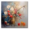 Cuadro de frutas y flores pintado a mano en acrílico con relieve táctil. Diseño moderno de 100x100 cm en gris, azul, rojo y ocre para comedores.