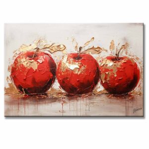 Cuadro de Manzanas Rojas Moderno Para Cocina o Comedor representa 3 manzanas en colores rojo, dorado y gris pintado a mano en medida de 120x80cm.