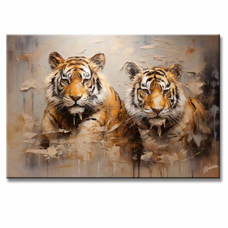 Cuadros de Tigres modernos para sala pintado con pincel y espátula en medida de 120x80cm. en colores blanco, ocre y gris.
