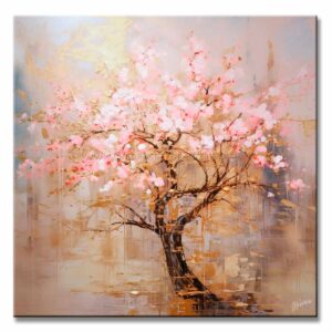 Pintura Árbol de Cerezo para Sala o Comedor representa un árbol de cerezo en colores rosa, azul y dorado pintado a mano en medida de 100x100cm.