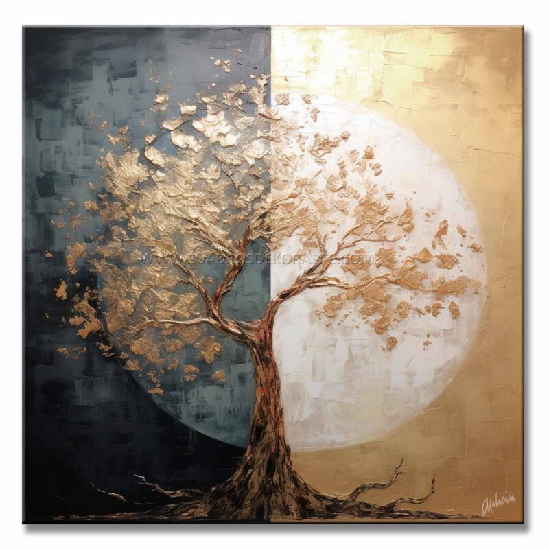 cuadro de Árbol día y noche para representa un árbol dividido en día y noche en colores azul, blanco y dorado pintado a mano medida de 100x100cm.