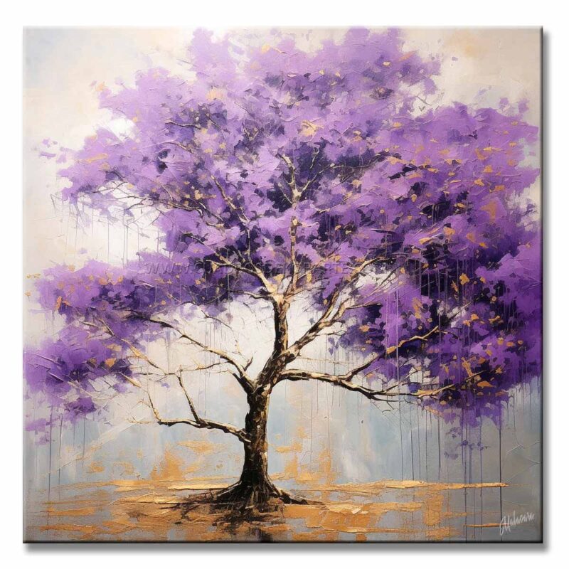 cuadros árbol de jacaranda para Sala o Comedor representa un árbol de Jacaranda en colores morado, gris y dorado pintado a mano en medida de 100x100cm.