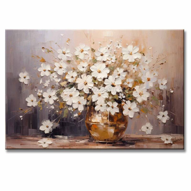 Cuadros Florero para Sala o Comedor estilo moderno este cuadro representa un jarrón con flores blancas y fondo gris y ocre en medida de 120x80cm.