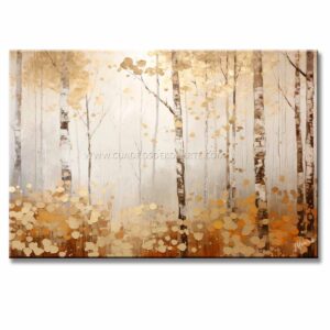 Pinturas de Bosques elaborado con pincel y espátula representa un bosque en colores blanco, gris, ocre y dorado cuenta con relieve táctil medida120x80cm.