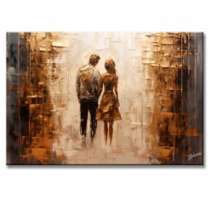 Pinturas de parejas elaborado con pincel y espátula en colores blanco, negro, ocre y dorado cuenta con relieve táctil en medida de 120x80cm.